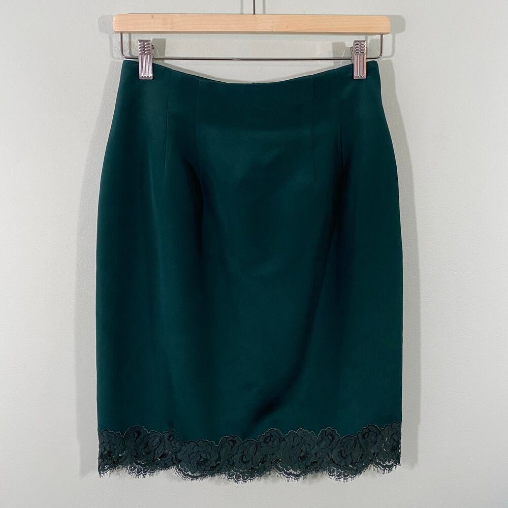 Vtg Anya For Neiman Marcus Emerald Green 100% Silk Lace Trim Pencil Skirt Size 6